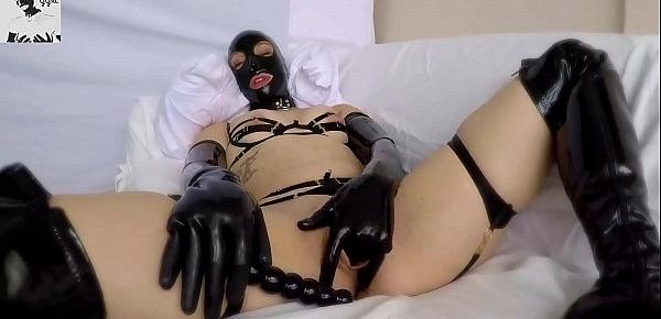  Hot Girl in Latex Hood and Thigh High Boots Plays With Her Huge Pussy Lips and Ass With Toys and Makes Herself Cum Hard